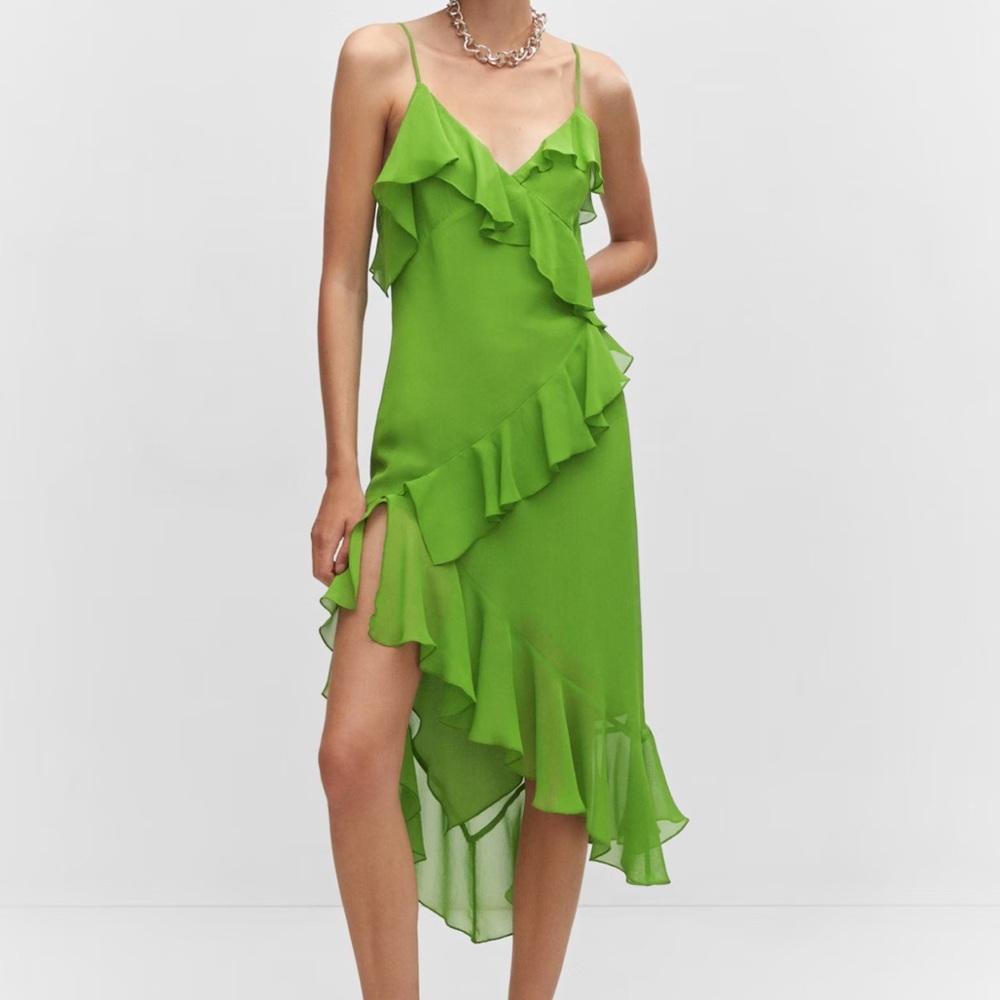 Mango Lime Green Ruffled Asymmetrical Slip Dress